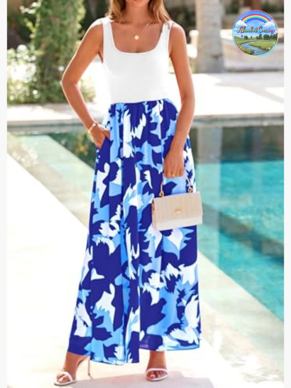 Boho Floral Maxi Dress Sleeveless Scoop Neck A-Line Tank Dress with Pockets - Picture 3 of 7